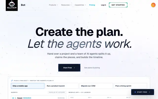 Screenshot of AI Gantt Charts & Autonomous Project Agents | GlitchBot