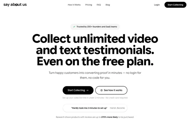 Screenshot of Say About Us - Collect & Showcase Customer Testimonials — Say About Us