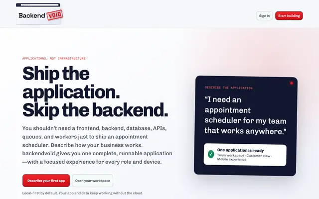 Screenshot of backendvoid — Build the app your business needs