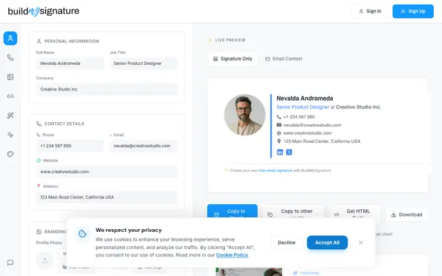 Screenshot of BuildMySignature — Free Professional Email Signature Generator