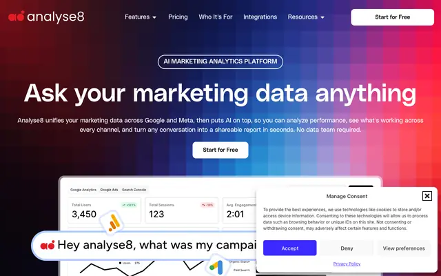 Screenshot of One AI Platform for All Your Marketing Data | Analyse8