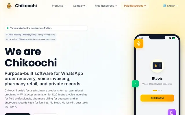 Screenshot of Chikoochi — Voice Invoicing, Pharmacy Billing & Family Records Vault