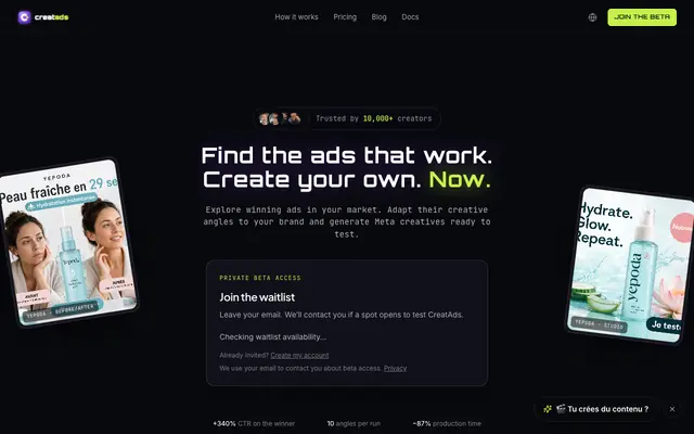 Screenshot of CreatAds — AI Ad Generator for Meta Ads & E-commerce Creatives