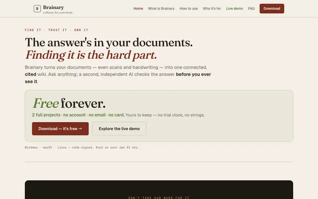 Screenshot of Brainary — Turn your documents into a cited wiki you can trust