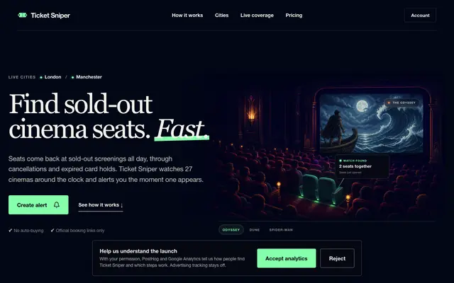 Screenshot of Ticket Sniper — sold-out cinema seat alerts in London