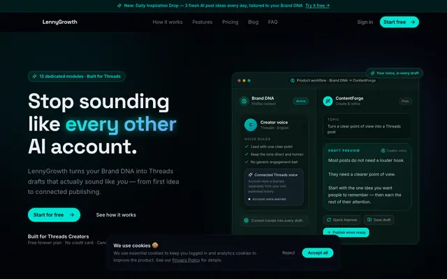 Screenshot of LennyGrowth — The AI Writing Tool Threads Creators Actually Use