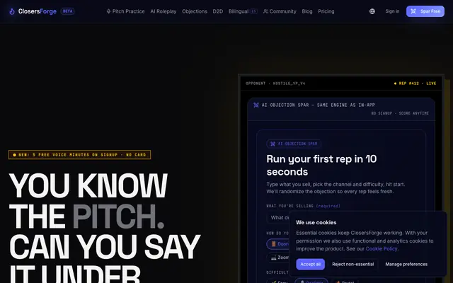 Screenshot of ClosersForge — 5 Free Voice Minutes On Signup. No Card. Real AI Buyer.