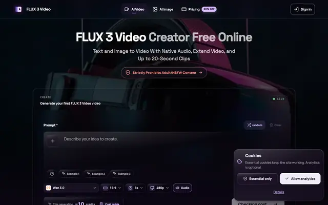 Screenshot of FLUX 3 Video Generator — Cinematic Video with Native Audio