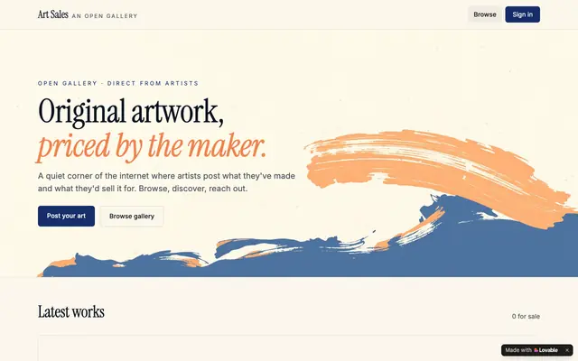 Screenshot of Art Sales — Browse original artwork for sale