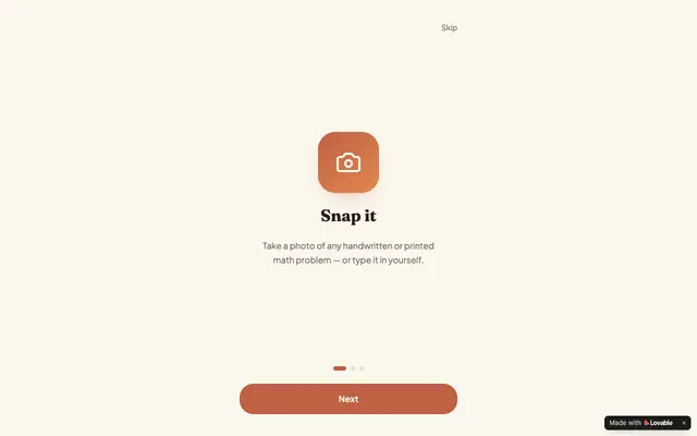Screenshot of SnapSolve — Snap a math problem, get the answer