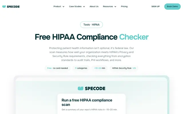 Screenshot of Free HIPAA Compliance Scan with Specode