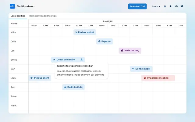 Screenshot of Bryntum Scheduler - Tooltips demo