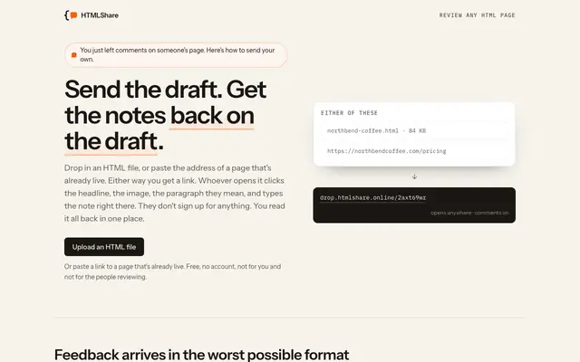 Screenshot of htmlshare — share the page your AI just built
