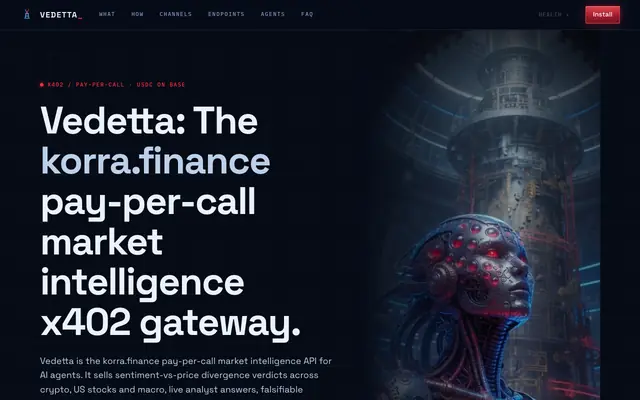 Screenshot of Vedetta — The korra.finance Pay-Per-Call Market Intelligence x402 Gateway