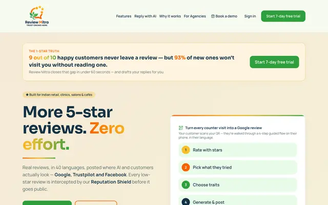 Screenshot of Review Mitra — Get more 5-star Google reviews & reply with AI