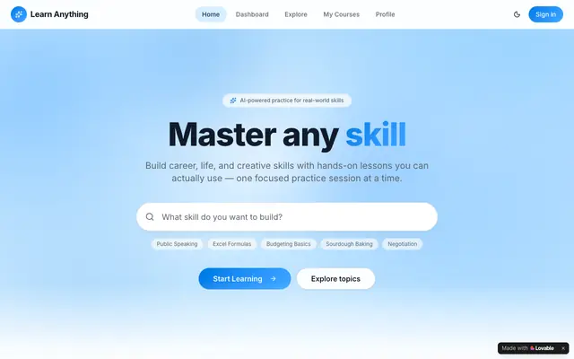 Screenshot of Learn Anything — Master any topic, one lesson at a time