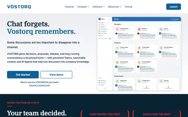 Screenshot of VOSTORQ — Team Communication for Decisions and Company Knowledge
