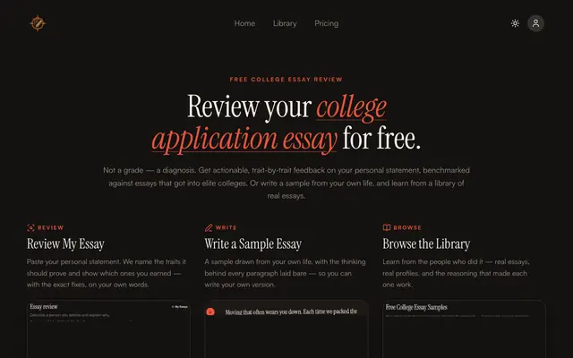 Screenshot of EssayCompass — AI College Application Essay Coach