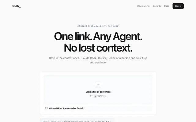Screenshot of Share context between Claude Code, Cursor & any agent | vnsh