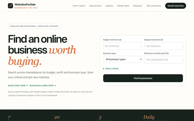 Screenshot of WebsitesForSaleOnline — Hand-picked websites for sale, daily
