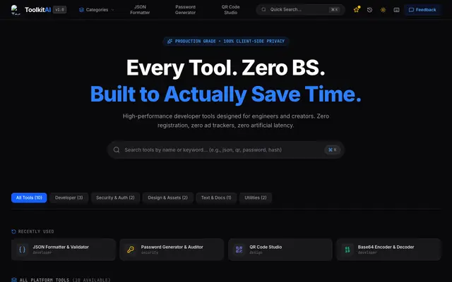 Screenshot of Toolkit AI — Every Tool. Zero BS. Built to Actually Save Time.