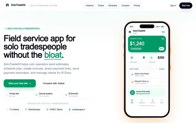 Screenshot of SoloTradeKit | $12/mo Field Service App for Solo Tradespeople