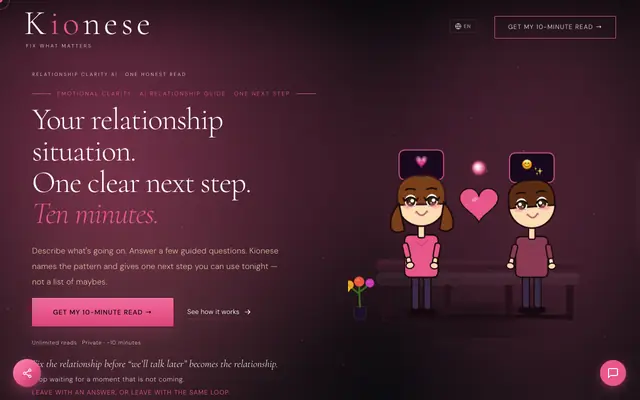 Screenshot of Kionese — Pre-Therapy AI | Relationship Clarity