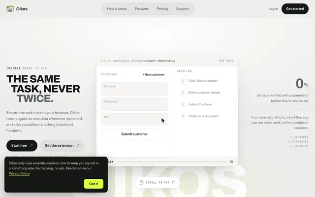 Screenshot of Oikos - Record & Replay Browser Automation Agent