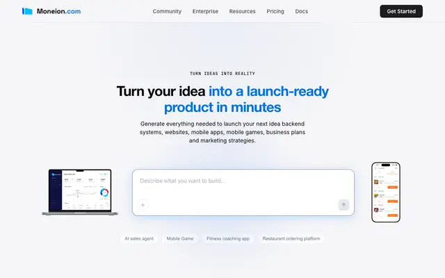 Screenshot of Moneion AI Product Builder: Idea to Full Product, Ready to Ship