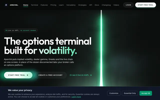 Screenshot of The Options Terminal — IV, Greeks & GEX on One Screen | ApexVol