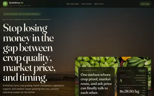 Screenshot of KrishiDoot.AI — Fair prices for every Indian farmer