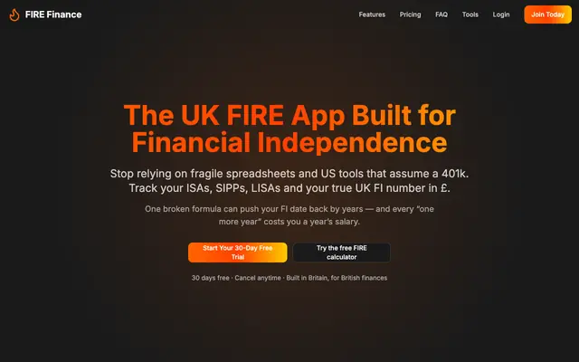 Screenshot of FIRE Finance — UK Financial Independence & FIRE Tools