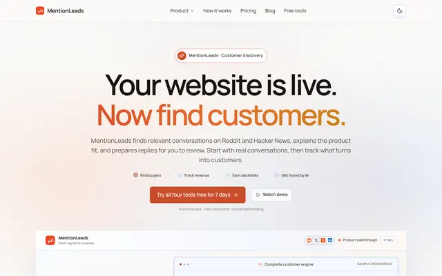 Screenshot of MentionLeads — Find customers on Reddit and know what to say