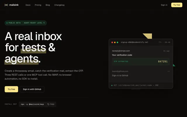 Screenshot of MailSink: temp email API for tests and AI agents