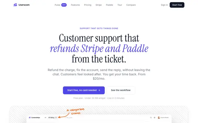 Screenshot of Userscom — Customer Support with Stripe & Paddle Integration | Live Chat, AI & T