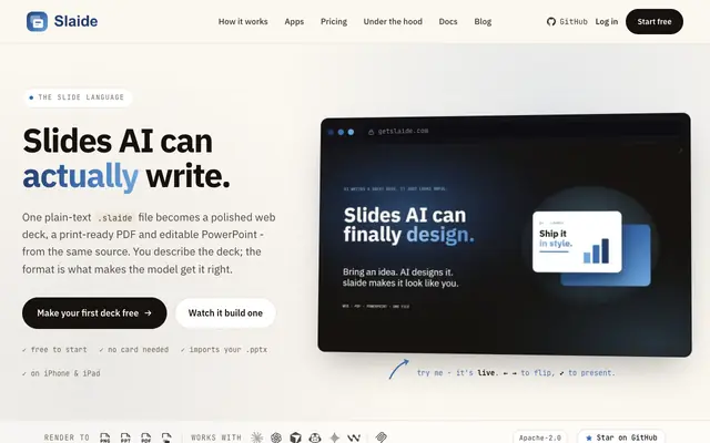 Screenshot of Slaide - slides that AI can actually write