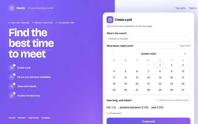 Screenshot of Meetly — Find the best time to meet, no account needed