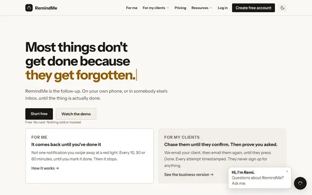 Screenshot of RemindMe: the reminder that doesn't give up
