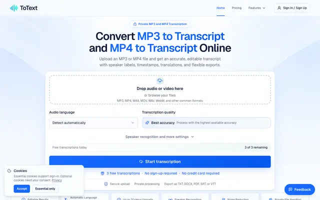Screenshot of MP3 to Transcript & MP4 to Transcript Online | totext.app