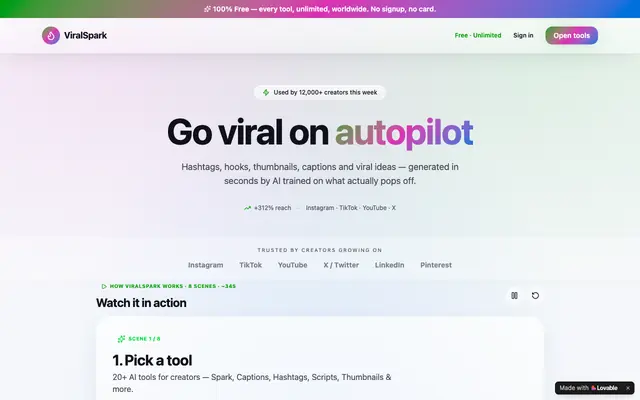 Screenshot of ViralSpark — Free YouTube Tag Extractor, Hashtag & Caption Generator