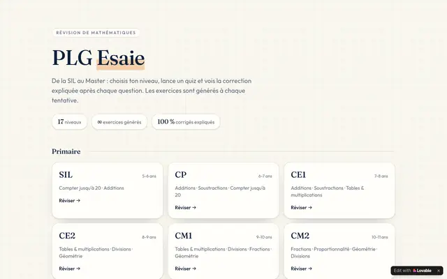 Screenshot of PLG Esaie — Réviser les maths de la SIL au Master