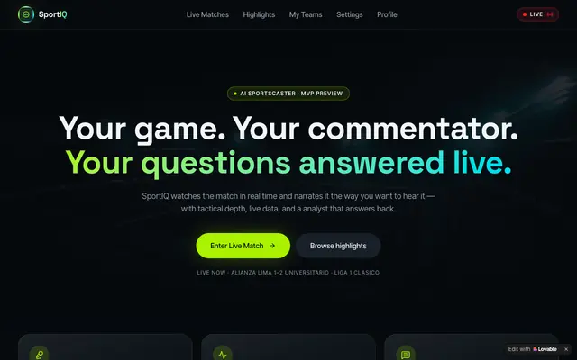 Screenshot of SportIQ — AI Sportscaster for Live Football