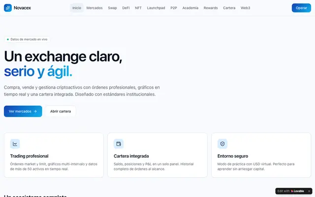 Screenshot of Novacex — Exchange institucional de criptoactivos