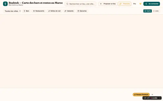 Screenshot of Bsahtek — Carte des bars, restos & épiceries alcool au Maroc