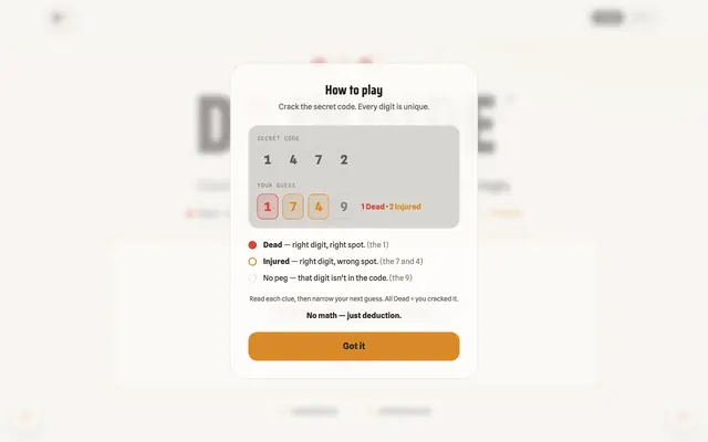 Screenshot of Dinjure — the daily code-cracking deduction game (no math)