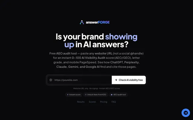 Screenshot of answerFORGE™ — Free AI Visibility Audit & AEO Audit Tool
