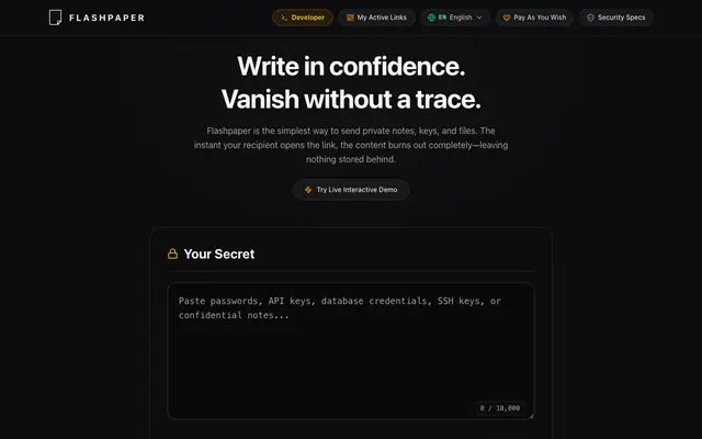 Screenshot of Flashpaper — Zero-Knowledge Self-Destructing Notes & Encrypted File Sharing