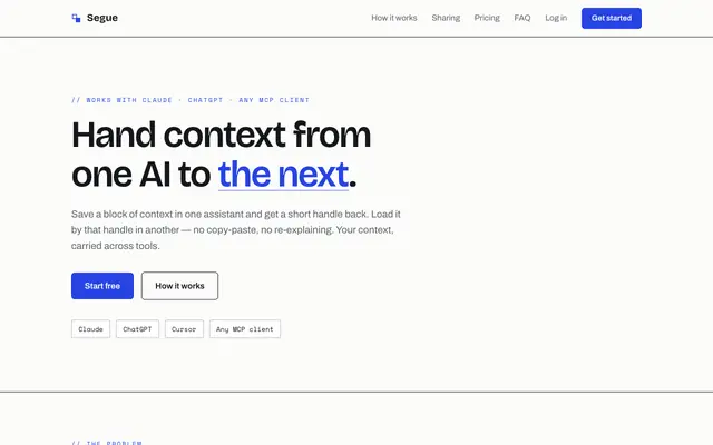 Screenshot of Segue — hand context from one AI to the next