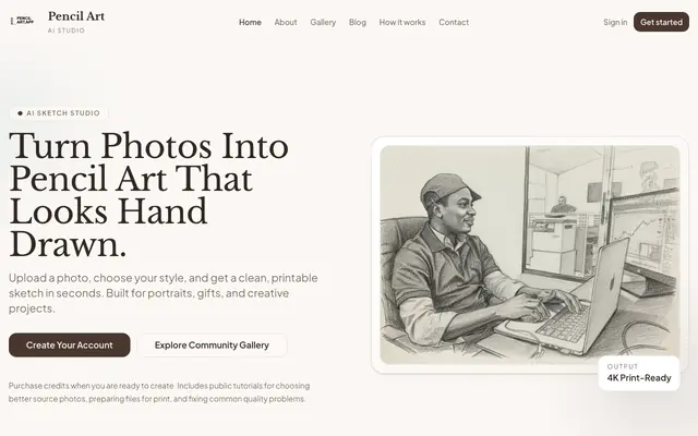 Screenshot of AI Pencil Art Generator: Photo to Pencil Sketch | PencilArt.app