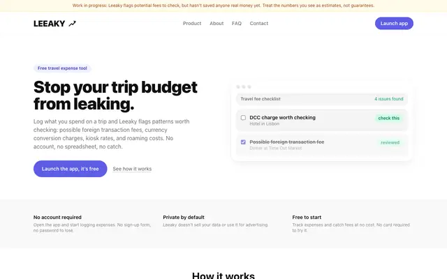 Screenshot of Leeaky — Stop your trip budget from leaking